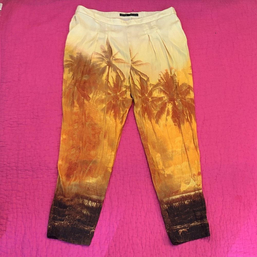 Zara Yellow Tropical Print Pants, L